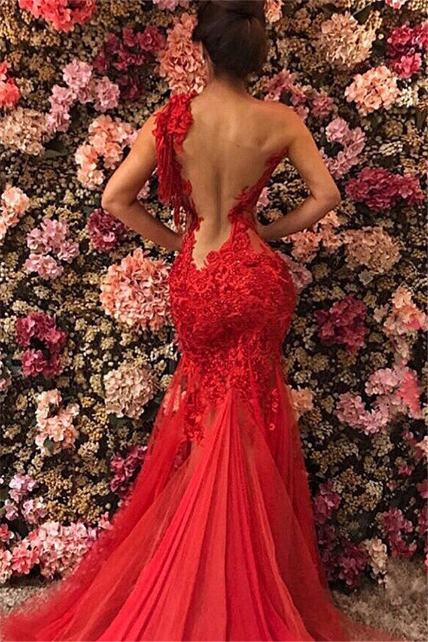 Chic One Shoulder Appliques Tulle Beading Mermaid Floor-Length Prom Dresses Chic One Shoulder Appliques Tulle Beading Mermaid Floor-Length Prom Dresses