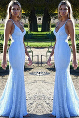Chic Open Back Lace Evening Dress Mermaid Spaghetti Straps Baby Blue Fomral Evening Dress-Ballbella
