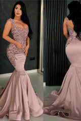 Chic Pink Mermaid Evening Dress Straps Appliques Long Formal Dresses-Ballbella