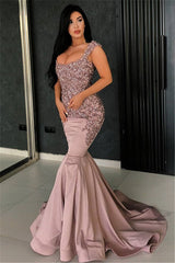 Chic Pink Mermaid Evening Dress Straps Appliques Long Formal Dresses-Ballbella