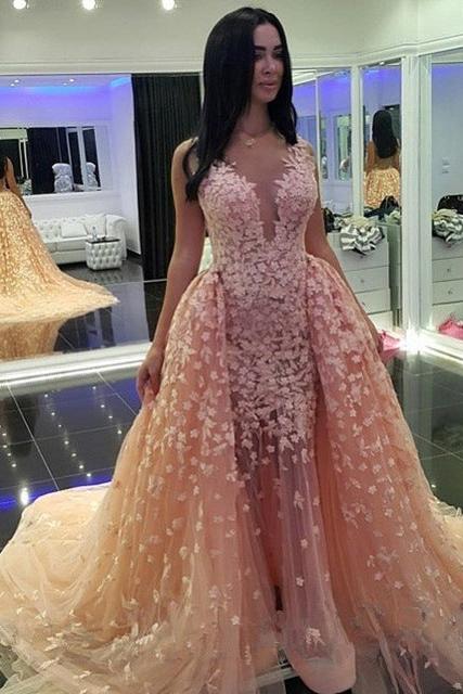Chic Pink Mermaid Puffy Formal Dresses |Detachable Train Dubai Arabic Ballbella Chic Pink Mermaid Puffy Formal Dresses |Detachable Train Dubai Arabic Ballbella