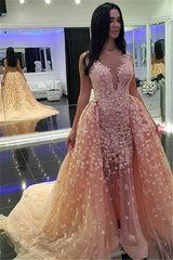 Chic Pink Mermaid Puffy Formal Dresses |Detachable Train Dubai Arabic Evening Dresses-Ballbella