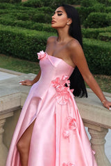 Chic Pink Satin Strapless Sleeveless Prom Dress High Slit A-Line With Flower-Ballbella
