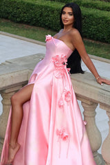 Chic Pink Satin Strapless Sleeveless Prom Dress High Slit A-Line With Flower-Ballbella