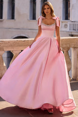 Chic Pink Spaghetti-Strap Sleeveless Satin Prom Dress A-Line Beads With Zipper Bow Knot-Ballbella
