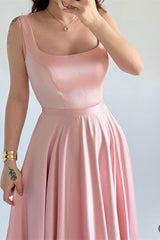 Chic Pink Square Straps Sleeveless Prom Dresses Satin Lace-UP Back With Pleats-Ballbella