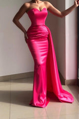 Chic Pink Strapless Sleeveless Mermaid Elastic Woven Satin Evening Dresses With Ruffles-Ballbella