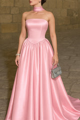 Chic Pink Strapless Sleeveless Stain Prom Dress A-Line Long With Pleats-Ballbella