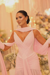 Chic Pink V-Neck Strapless Chiffon Sleeveless Prom Dresses Long With Pleats-Ballbella