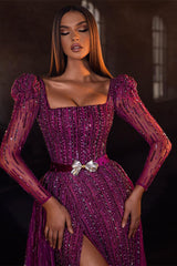 Chic Purple Square Prom Dress Mermaid Long Sleeves Beadings With Split-Ballbella