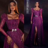 Chic Purple Square Prom Dress Mermaid Long Sleeves Beadings With Split-Ballbella