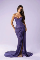 Chic Purple Sweetheart Strapless Sleeveless Chiffon Prom Dresses High Split With Beads-Ballbella