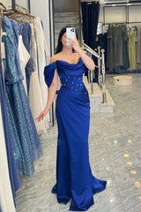 Chic Royal Blue Off-The-Shoulder Satin Prom Dresses Mermaid Pleats Sheath With Pearls-Ballbella