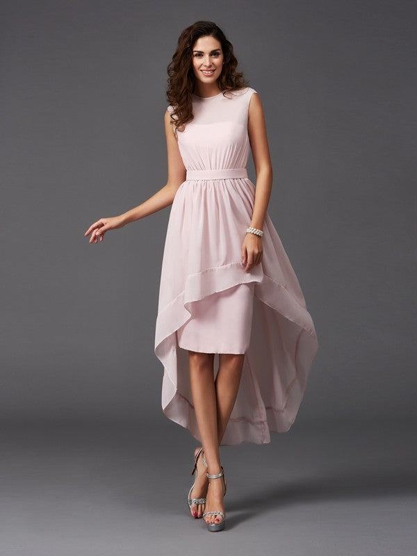 Chic Sash/Ribbon/Belt Sleeveless High Low Chiffon Bridesmaid Dresses Chic Sash/Ribbon/Belt Sleeveless High Low Chiffon Bridesmaid Dresses
