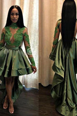 Chic See Through Lace Long Sleeves Prom Party Gowns| Hi-lo Dark Green Evening Dress-Ballbella