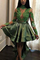 Chic See Through Lace Long Sleeves Prom Party Gowns| Hi-lo Dark Green Evening Dress-Ballbella