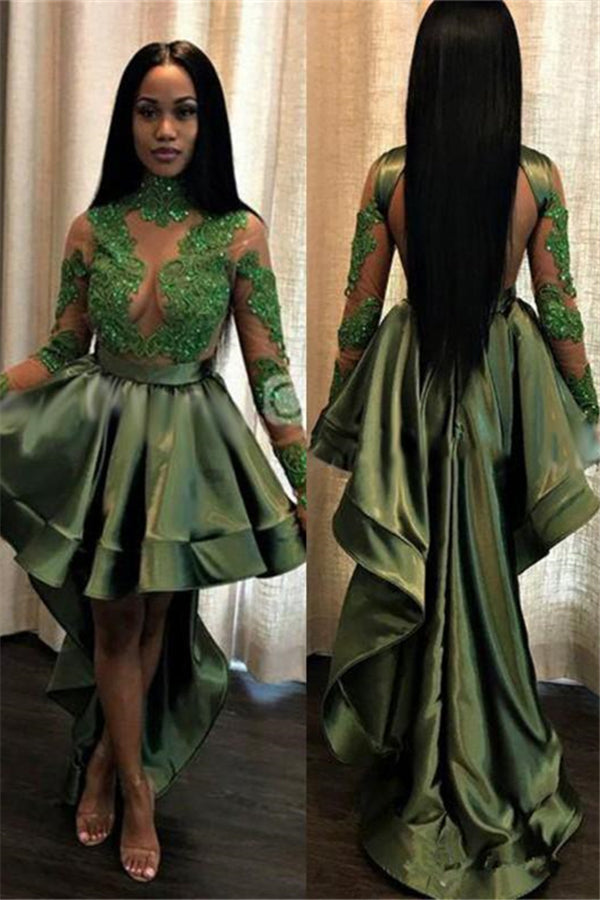 Chic See Through Lace Long Sleeves Prom Party Gowns| Hi-Lo Dark Green Evening Dress Chic See Through Lace Long Sleeves Prom Party Gowns| Hi-Lo Dark Green Evening Dress