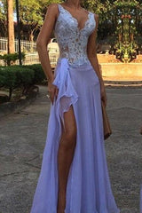 Chic See Through V-Neck Evening Dresses A-Line Sleeveless Lace Ball Dress-Ballbella