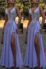 Chic See Through V-Neck Evening Dresses A-Line Sleeveless Lace Ball Dress-Ballbella