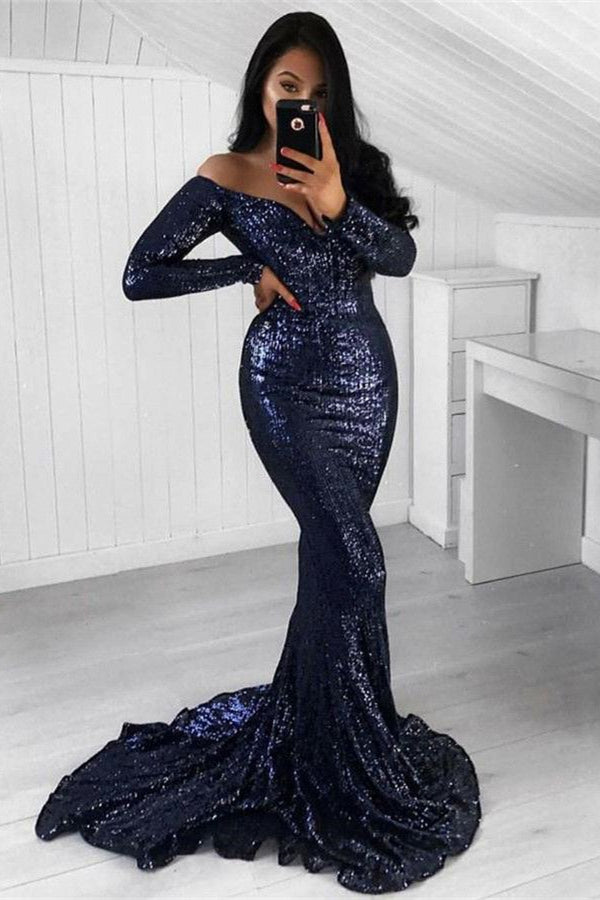 navy blue long sleeve mermaid dress Chic Sequined Mermaid Long Sleeves Mermaid Off Shoulder Prom Party Gowns