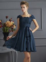 Chic Short Sleeves Lace Short Chiffon Bridesmaid Dresses-Ballbella