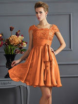 Chic Short Sleeves Lace Short Chiffon Bridesmaid Dresses-Ballbella