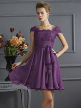 Chic Short Sleeves Lace Short Chiffon Bridesmaid Dresses-Ballbella
