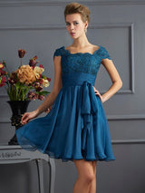Chic Short Sleeves Lace Short Chiffon Bridesmaid Dresses-Ballbella
