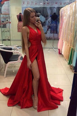 Chic Side Slit Prom Dresses V-neck Stretch Satin Evening Gowns-Ballbella