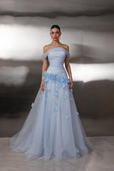 Chic Sky Blue Off-The-Shoulder Tulle A-Line Prom Dress Long With Flower Pleats-Ballbella