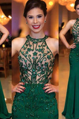 Chic Sleeveless Round Neck Beading Prom Dresses With Open Back Dark Green Evening Gowns-Ballbella