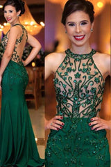 Chic Sleeveless Round Neck Beading Prom Dresses With Open Back Dark Green Evening Gowns-Ballbella