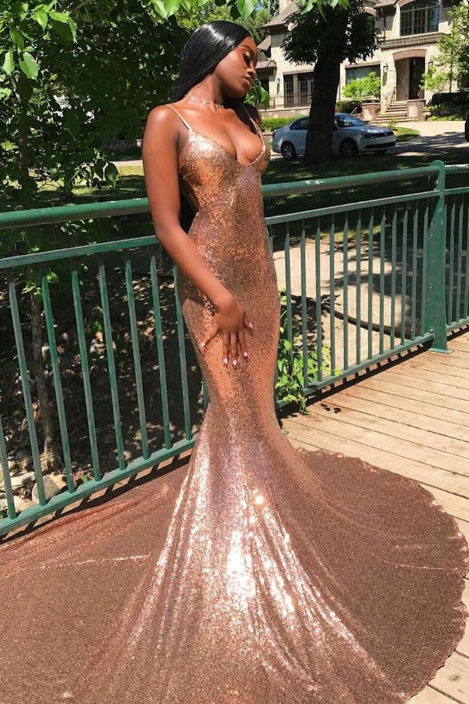 rose gold sequin mermaid prom dress Mermaid V-Neck Rose Gold Long Prom Dress with Criss Cross Back FancyVestido