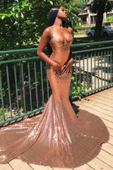 Chic Spaghetti Sequins Mermaid Prom Party GownsCharming V-Neck evening Wear-Ballbella