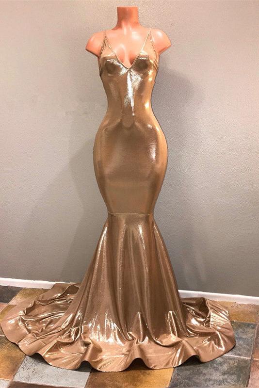 prom dress party dresses Chic Spaghetti Strap Gold Prom Dress, Sleeveless Prom Party Gowns