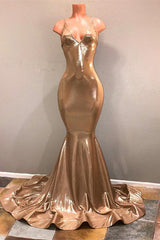 Chic Spaghetti Strap Gold Prom Dress, Sleeveless Prom Party Gowns-Ballbella