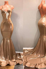 Chic Spaghetti Strap Gold Prom Dress, Sleeveless Prom Party Gowns-Ballbella