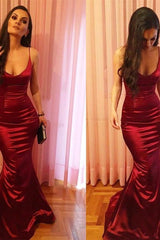 Chic Spaghetti Strap Sleeveless Red Trumpet Prom Party Gowns-Ballbella