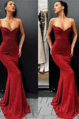 Chic Spaghetti Straps Sequins Long Evening Dresses Sheath Formal Dresses-Ballbella