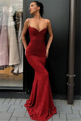 Chic Spaghetti Straps Sequins Long Evening Dresses Sheath Formal Dresses-Ballbella