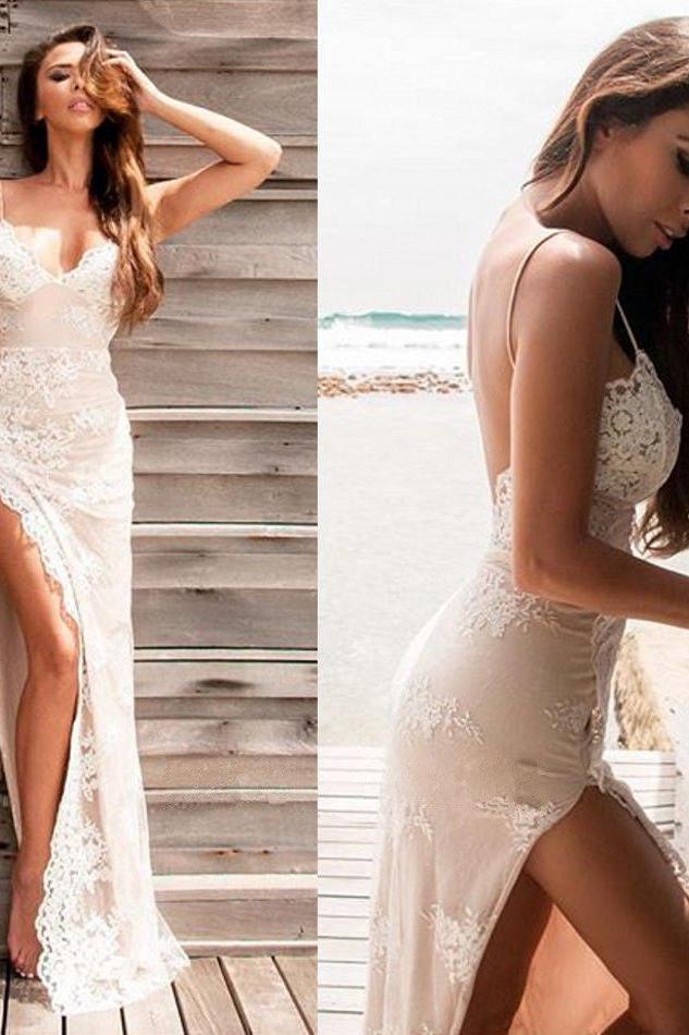 Chic Spaghetti Straps Split Evening Dresses Lace Sheath Summer Party Dress for Beach Chic Spaghetti Straps Split Evening Dresses Lace Sheath Summer Party Dress for Beach
