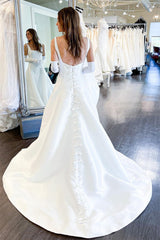 Chic Square Straps Satin Sleeveless Wedding Dresses A-Line Open Back With Bowknot-Ballbella