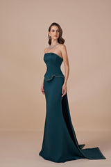 Chic Strapless Sleeveless Mermaid Satin Prom Dresses Column Lace-Up Back With Beads Ribbon-Ballbella