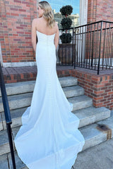 Chic Strapless Sleeveless Mermaid Wedding Dresses Satin Sheath Long With Buttons-Ballbella
