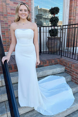 Chic Strapless Sleeveless Mermaid Wedding Dresses Satin Sheath Long With Buttons-Ballbella
