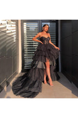 Chic Strapless Sweetheart Hi-Lo Tulle Prom Dresses Sheer Ruffles Evening Dresses With Chapel Train-Ballbella