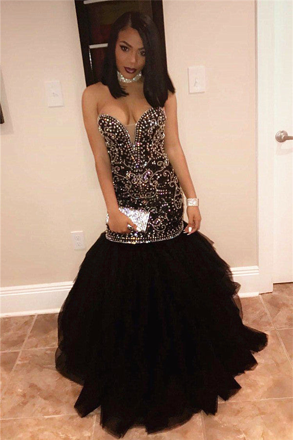 Chic Sweetheart Beads Prom Dresses Mermaid Black Sequins Evening