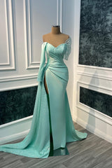 Chic Tiffany V-Neck Off-The-Shoulder Satin Sequins Prom Dresses Mermaid With High Split-Ballbella
