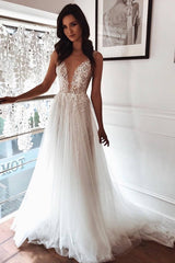 Chic Tulle A line Ivory Lace V neck Summer Beach Wedding Dress-Ballbella