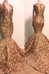 Chic V-neck Elegant Long Sleeves Gold Sparkle Appliques Prom Party Gowns-Ballbella